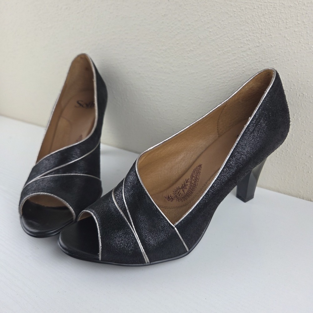 Sofft Open Toe Pumps Heels Black Leather Fashion City Modern Shoes Wmns Sz 9.5 M